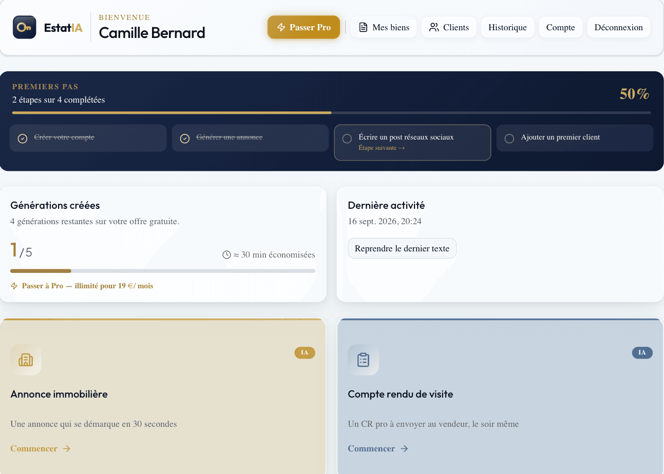 Tableau de bord EstatIA avec statistiques, modules et dernières générations